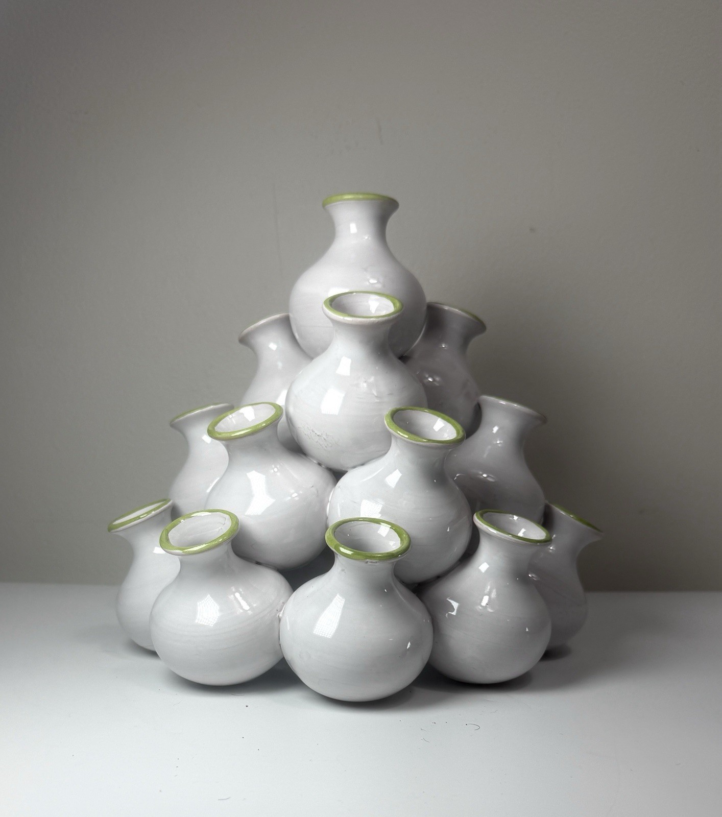 Vintage Italian 20-Spout Ceramic Tulipiere Pyramid Bud Vase White Green Italy