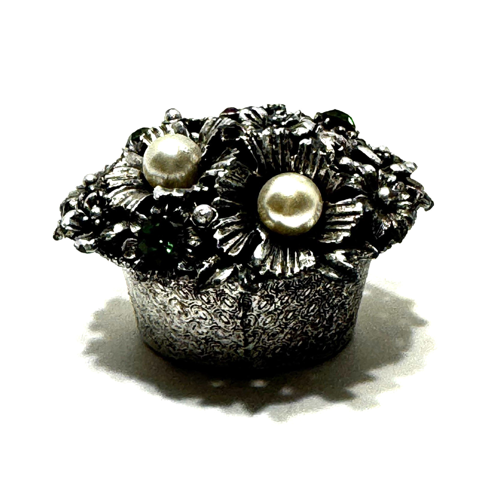 Vintage FLORENZA Small Trinket Pill Box Silver Tone Rhinestone Faux Pearl Floral