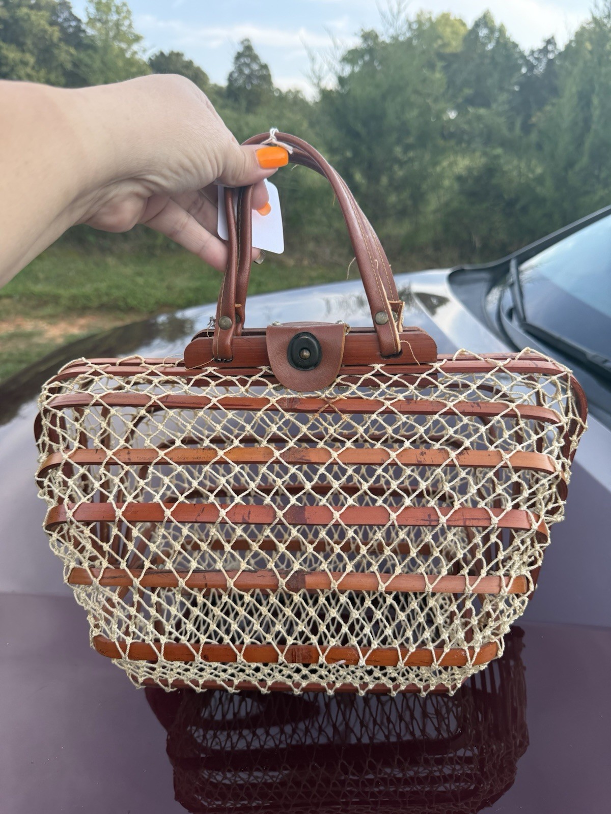 VTG 1960’s Japanese Folding Fishing Net Bamboo Basket Purse Bag Leather Closure