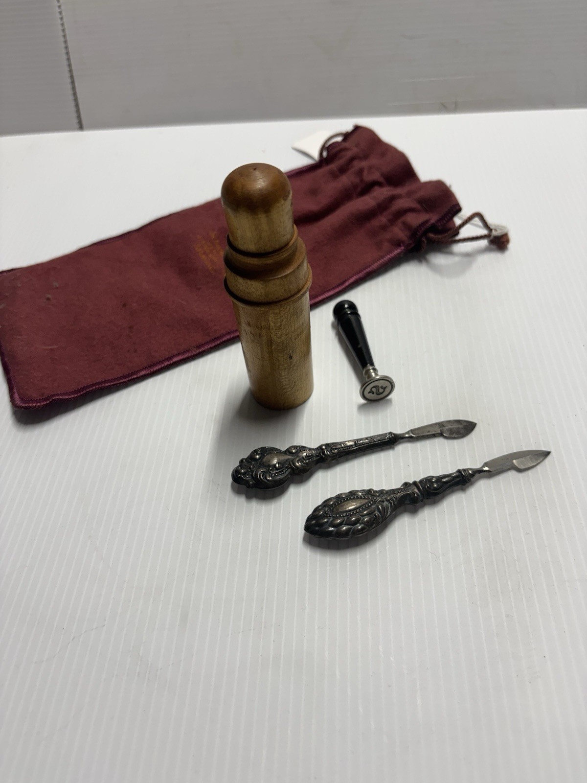 Antique Silver Wax Seal S/letter  openers, ink containers Wood Cylindrical Case