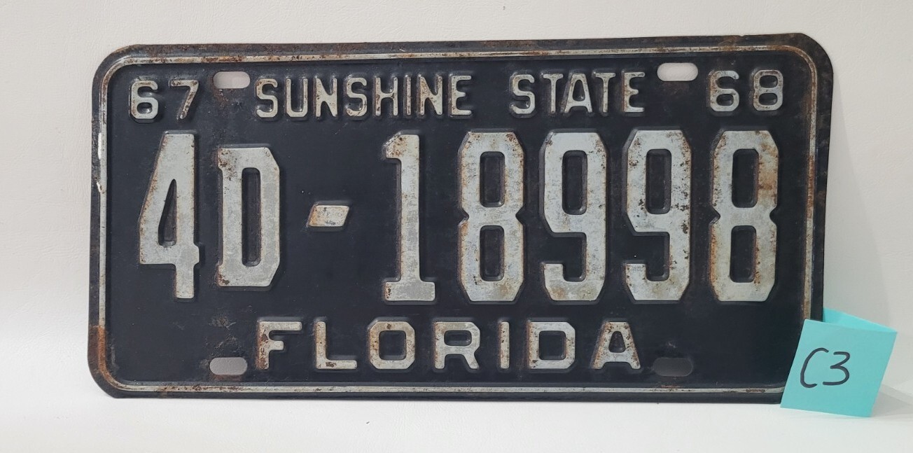 1967-68 Florida Sunshine State License Plate 4D-18998 Black Metal Vintage ⬇️(C3)