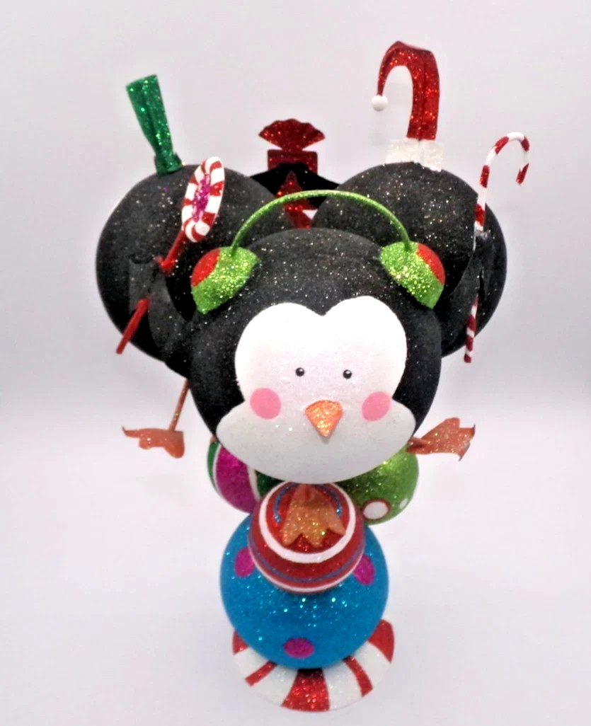 Pier 1  Pier One VINTAGE PENGUIN STACK TOWER Metal Glitter Figurine Candy Cane