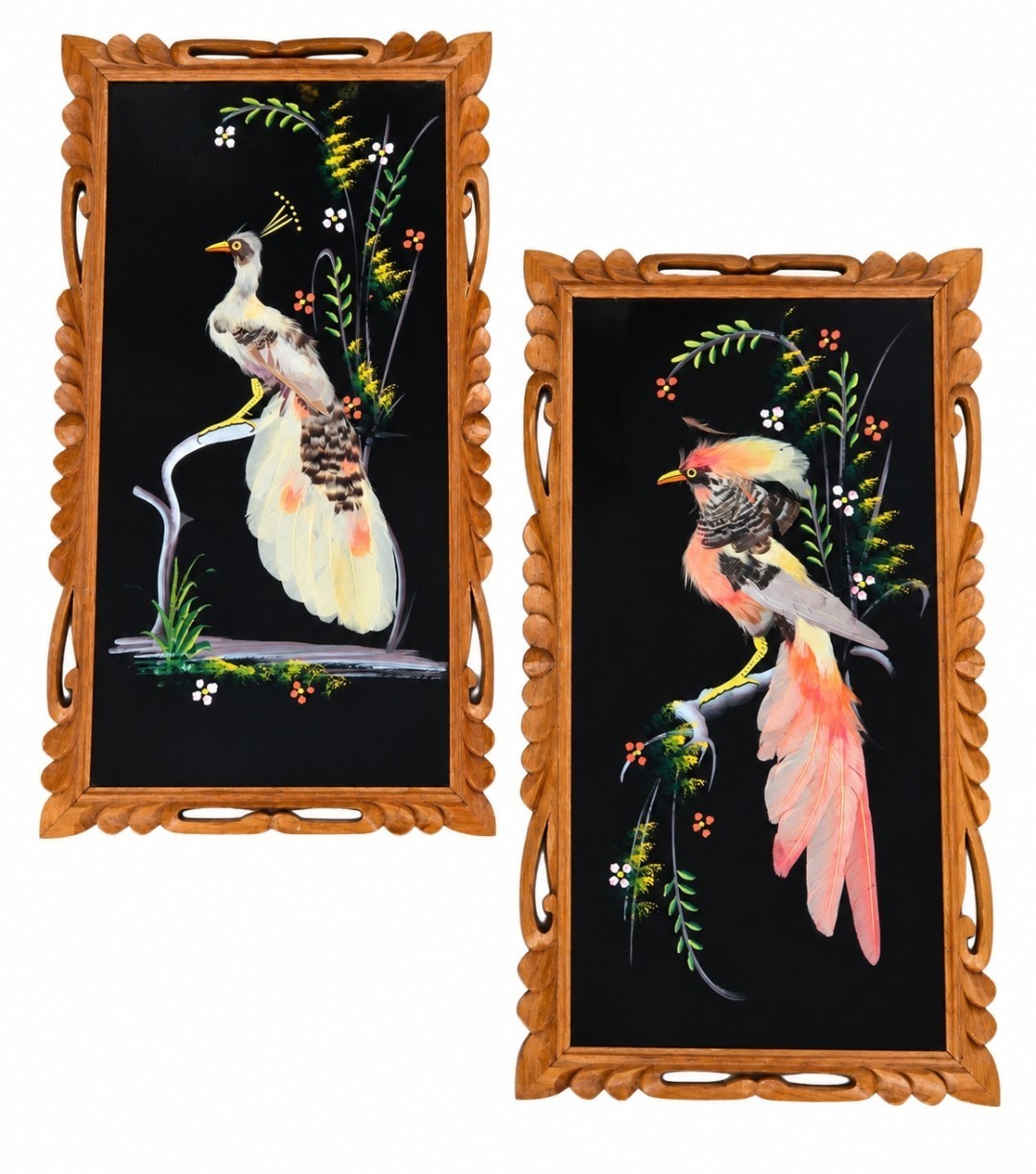 Vintage CARTIMEX Mexican Feathercraft Bird Art Pair Real Feather S Cedar 22\