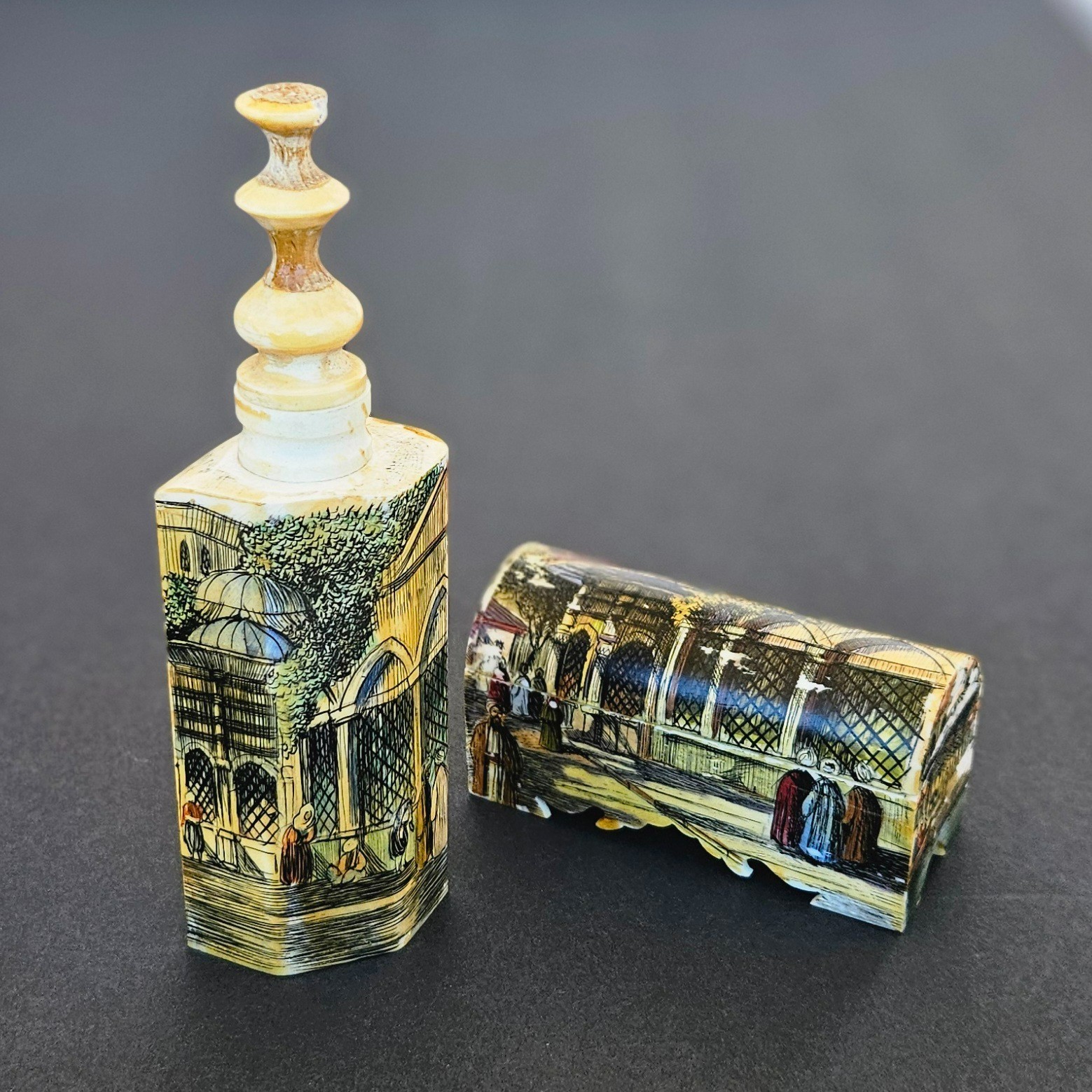 Antique Italian Painted Camel Bone Perfume Bottle & Box Venetian Scene