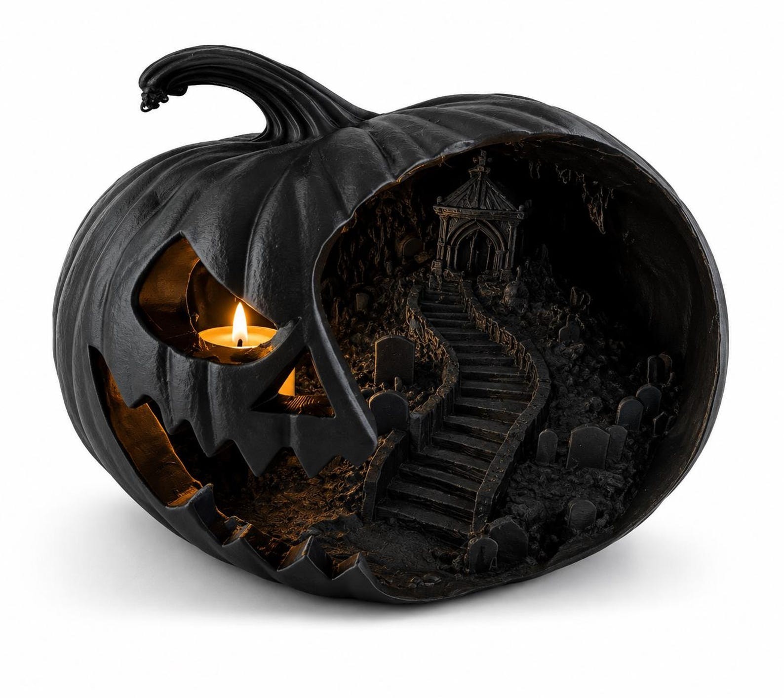 Haunted Pumpkin Lantern, Gothic Jack O Lantern, Spooky Cemetery Scene, Halloween