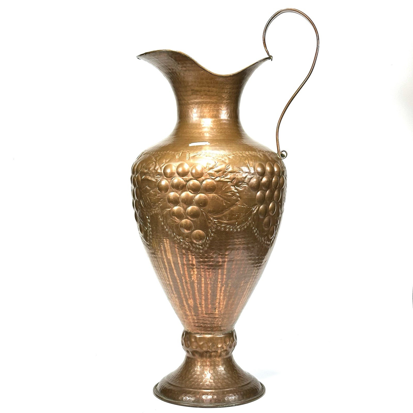 HUGE Antique Hand Hammered Copper Ewer / Pitcher / Floor Vase Grape Motif 32.5″