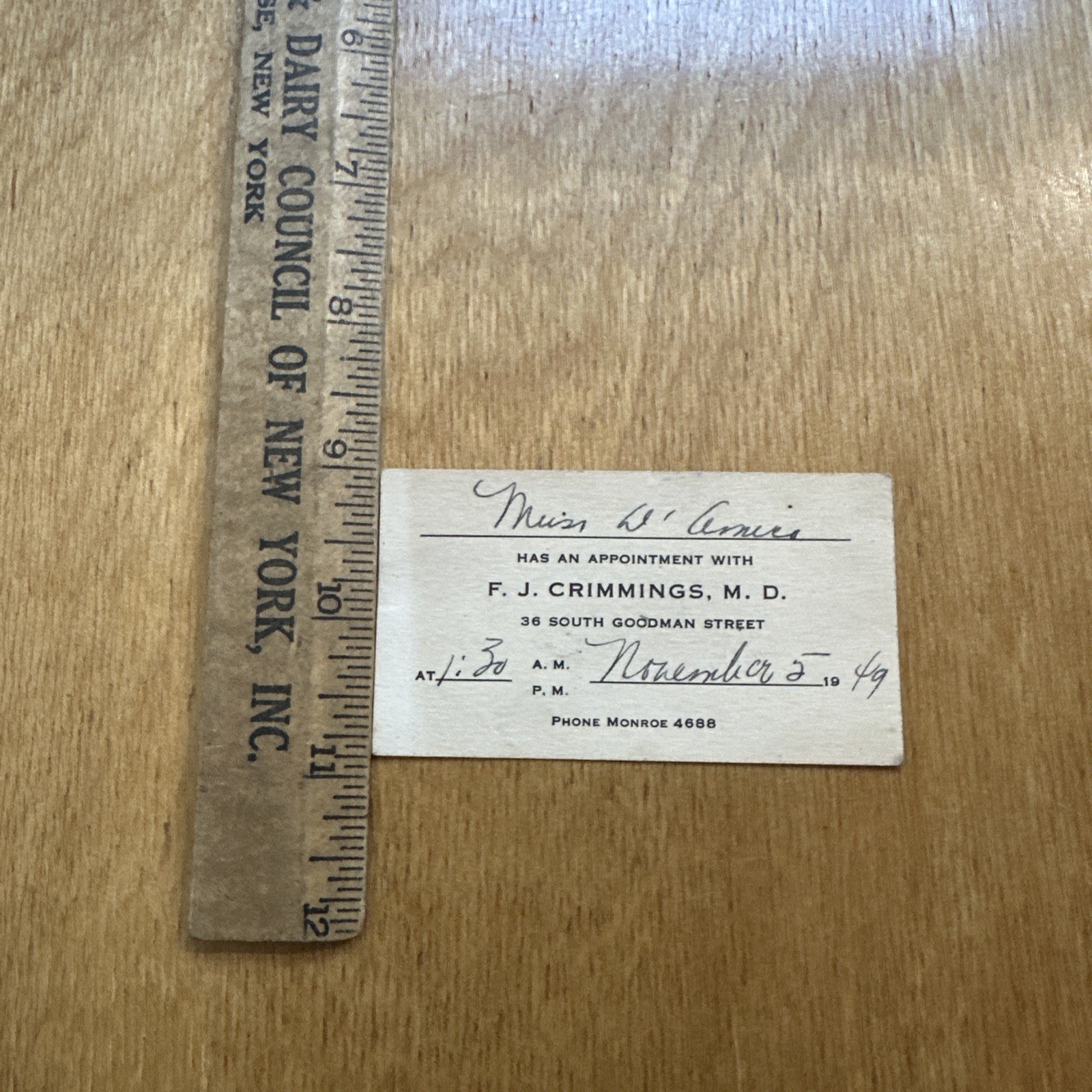 Vintage 1949 Rochester NY Dr F J Crimmings Medical Appointment Business Card Vintage 1949 Rochester NY Dr F J Crimmings Medical Appointment Business Card
