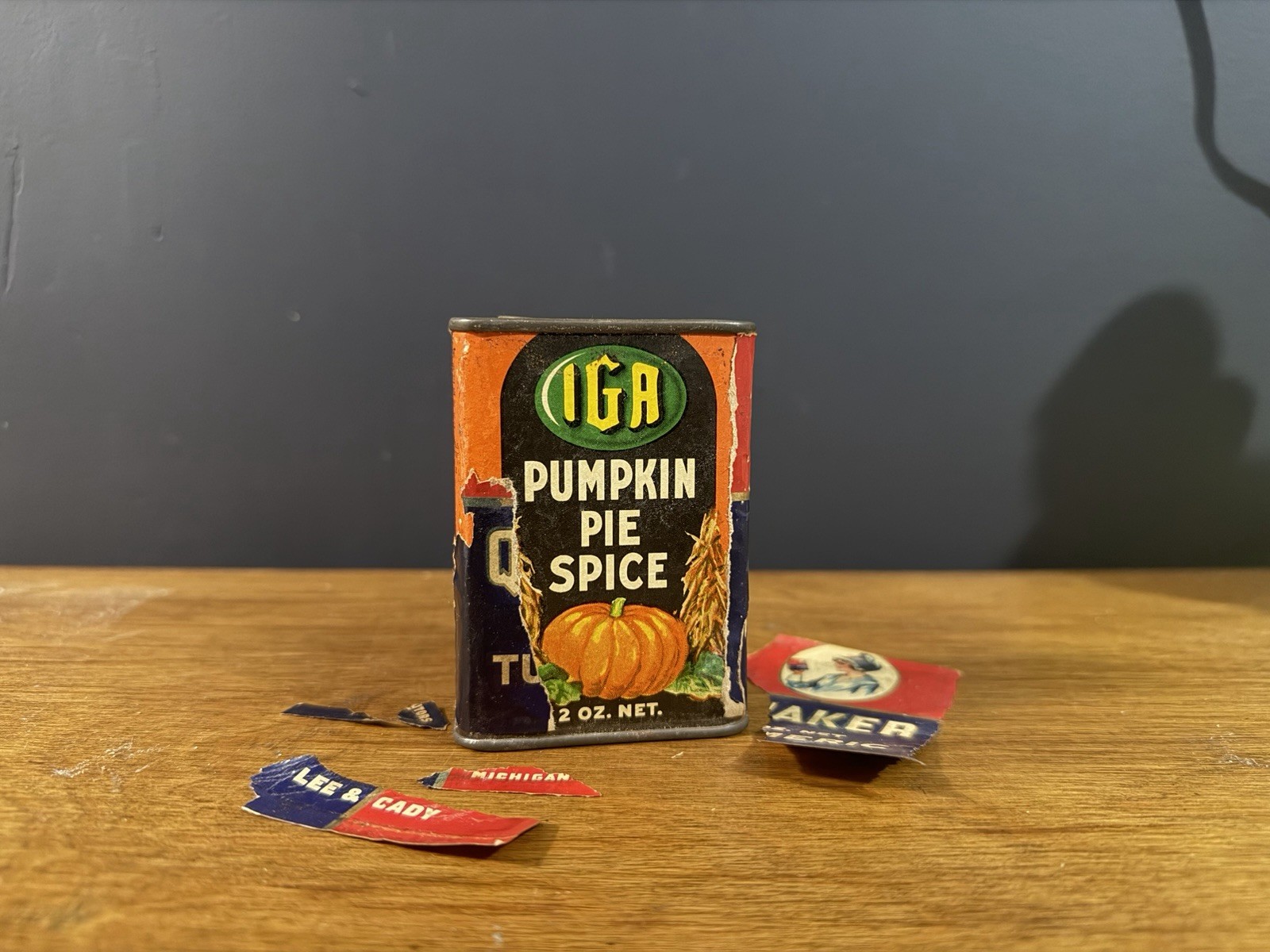 Vintage IGA Pumpkin Pie Spice Tin Quaker Oats Turmeric Overlabel Advertising