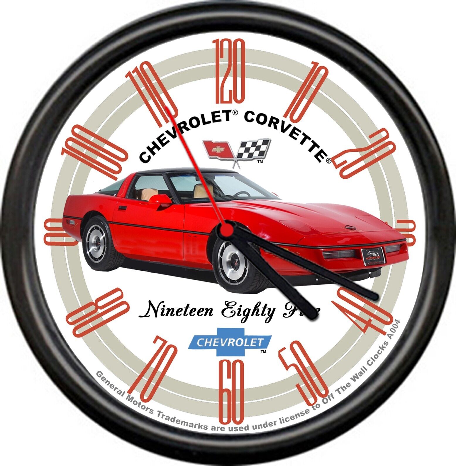 Licensed 1985 Red Corvette Coupe Flags Chevrolet General Motors Wall Clock