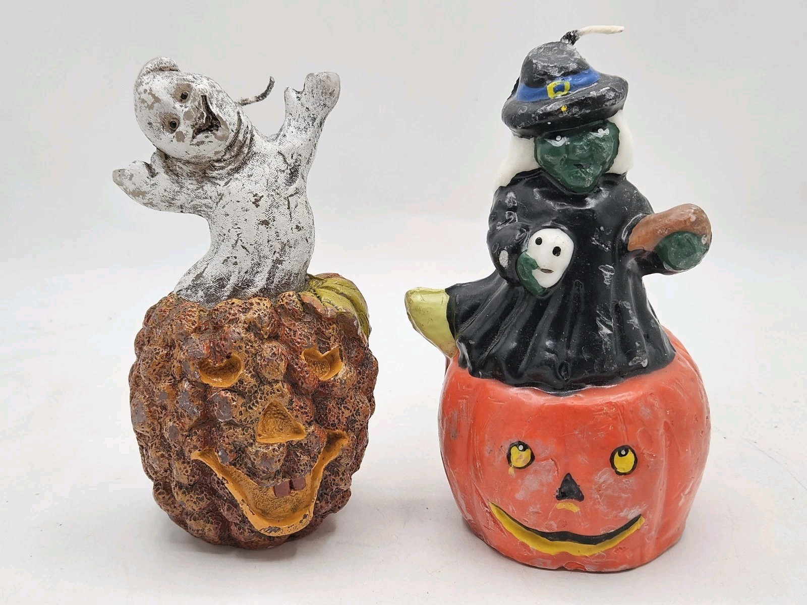 Two Vintage Halloween Candles Ghost Witch Pumpkins Spooky 