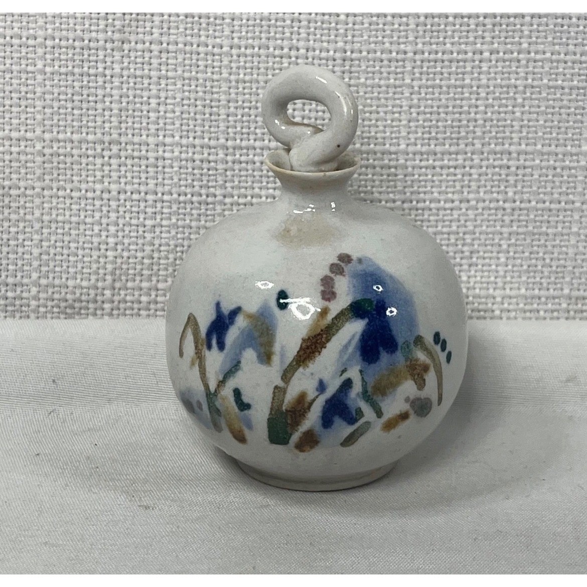 Vintage Studio Pottery Hand Painted Floral Perfume Bottle Signed Artisan Ceramic