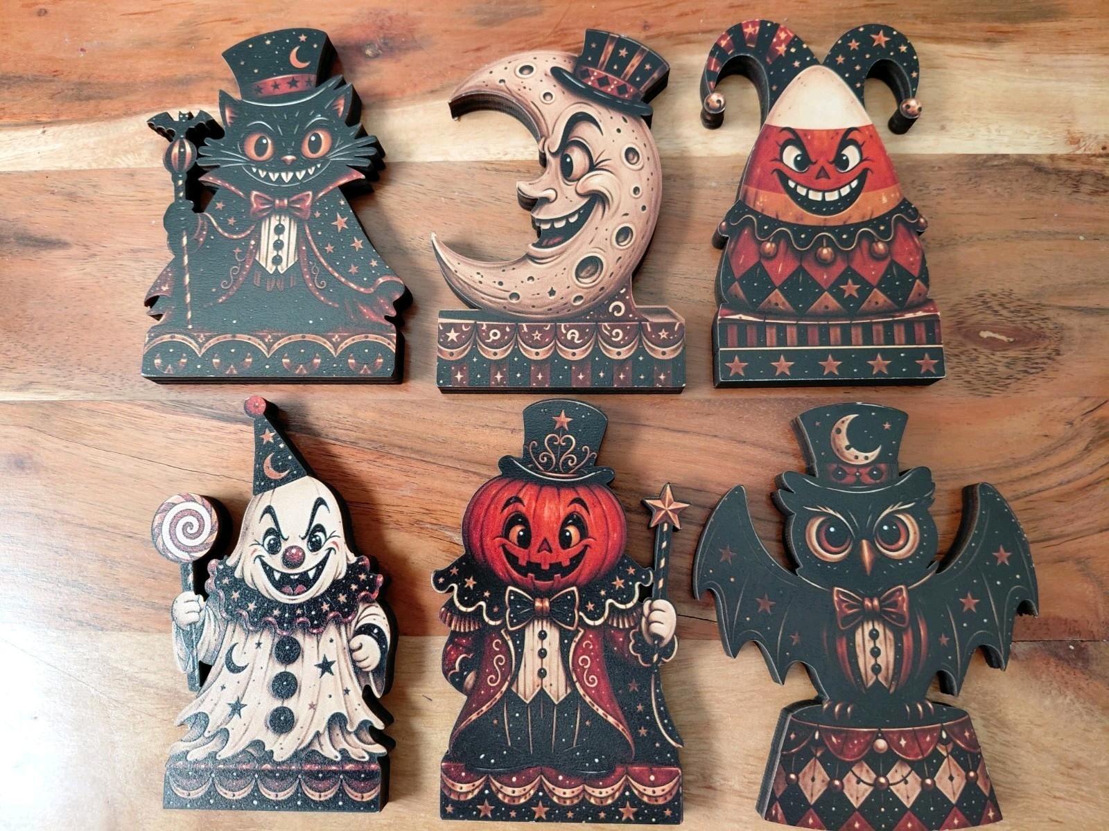Vintage Style Set 6 Halloween Statues Spooky Scary Wood Figures Cat Owl Moon