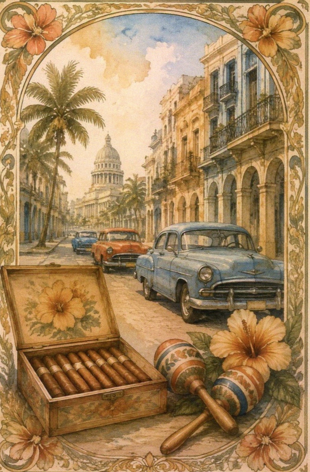 Havana, Cuba: Cigars, Maracas, & 1950s Automobiles --New POSTCARD