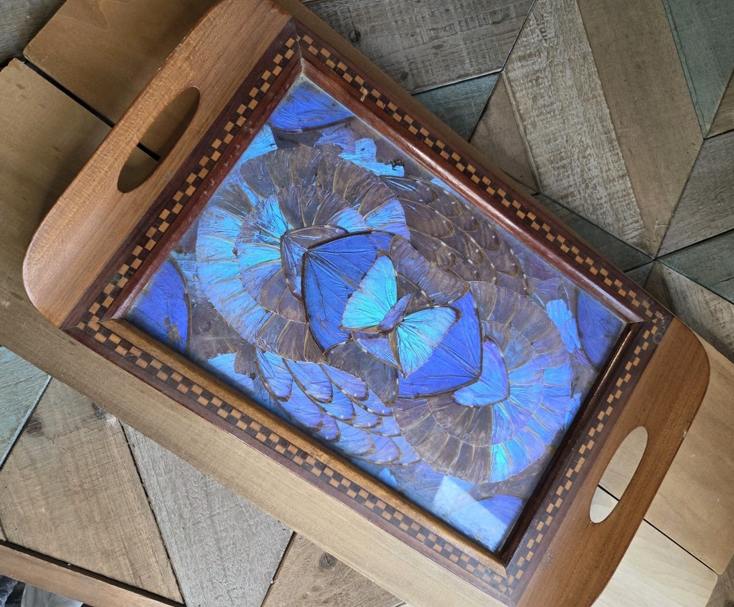 VTG MCM Brazilian Butterfly Wing Inlaid Wood Serving Tray 16.5\