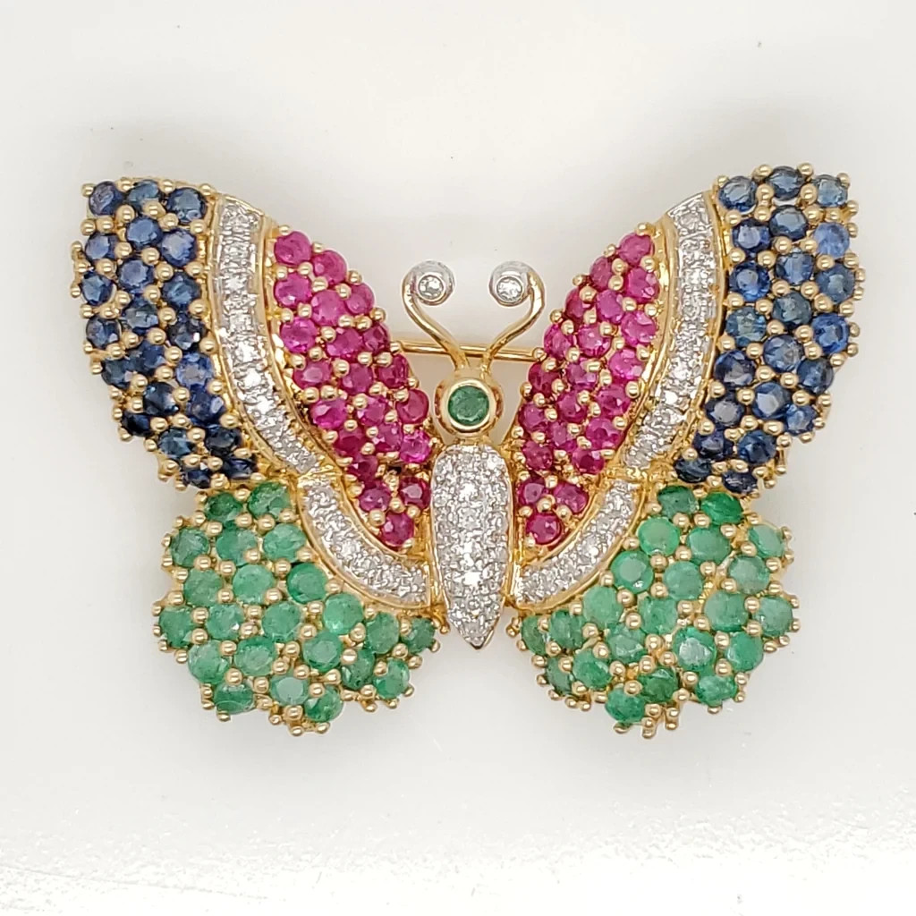 Estate 10K Yellow Gold Over Diamond Ruby Sapphire & Emerald Butterfly Brooch Pin