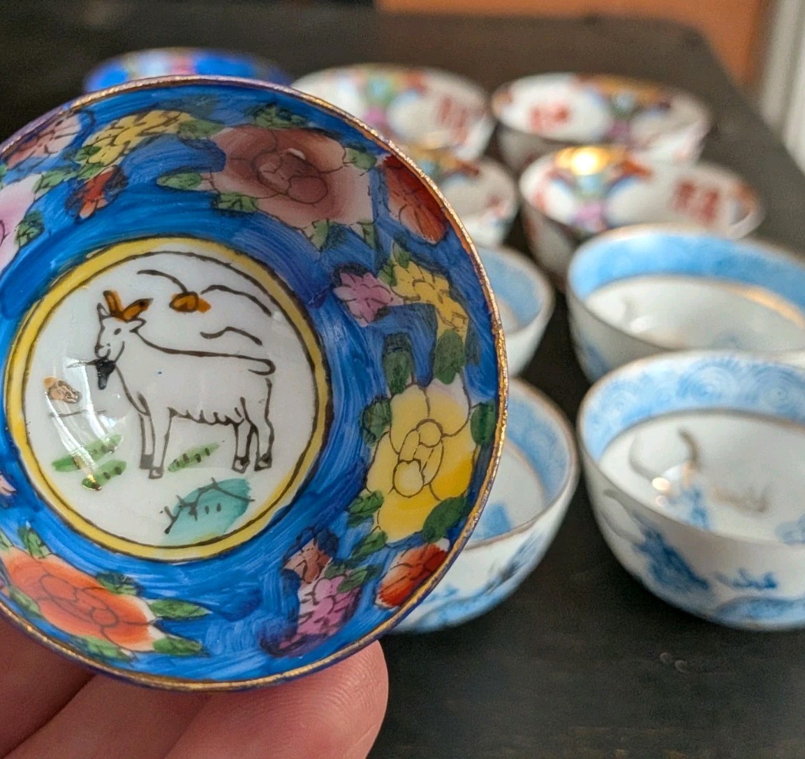 12 Painted Vtg Chinese Zodiac Mini Tea Sake Cup Set Goat Dragon Peach Asian Art