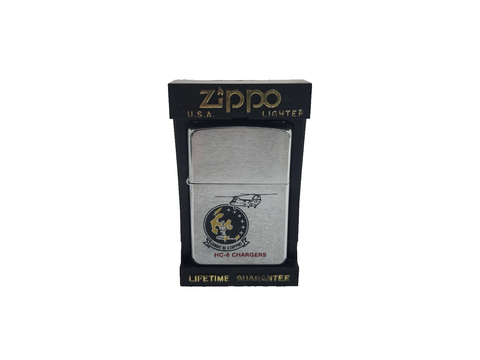 Vintage Zippo Lighter US Navy HC-6 Chargers Helicopter Unfired Box Orange Seal