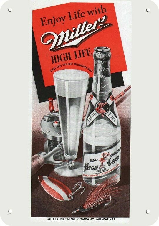 1942 MILLER HIGH LIFE BEER Fishing Fish Rod & Reel DECORATIVE REPLICA METAL SIGN