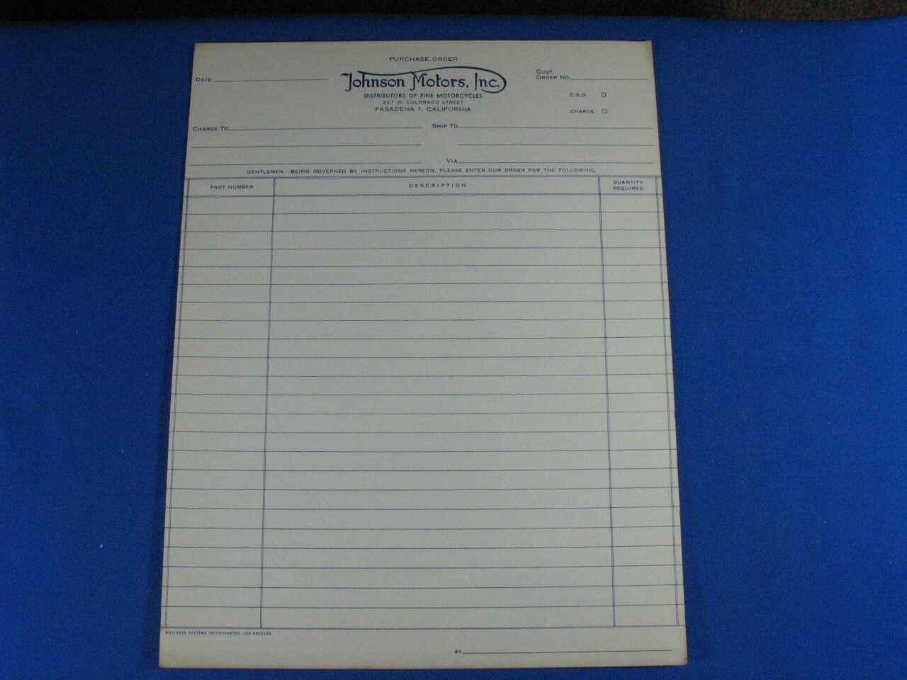 Blank Purchase Order Sheet Johnson Motors, Inc.   ads197