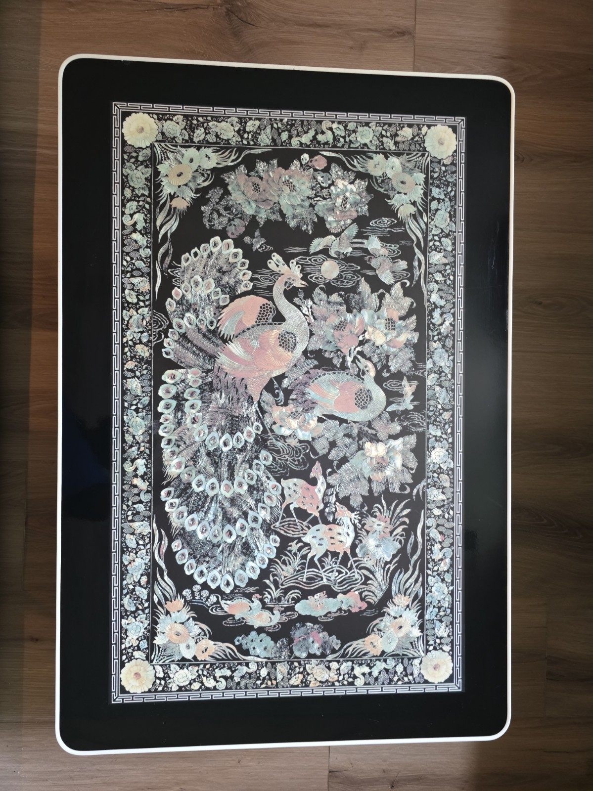 Vintage 1970s Korean Lacquerware Mother of Pearl Peacock Low Folding Tea Table