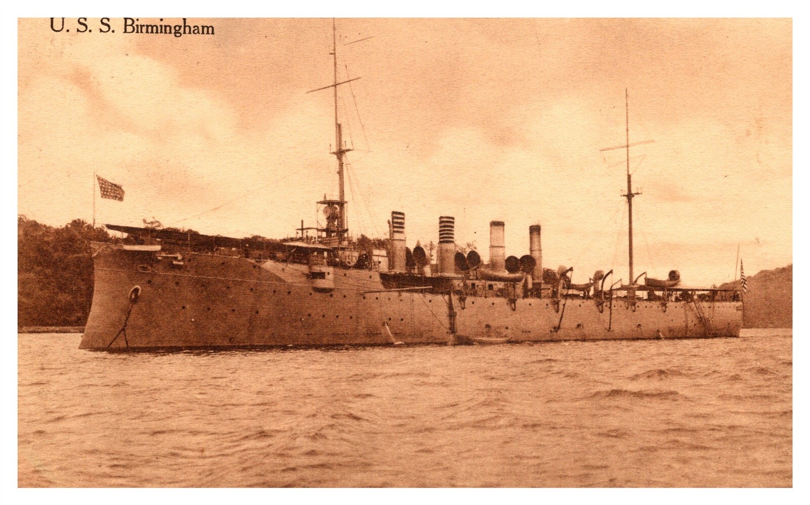 USS Birmingham Navy WWI Light Cruiser C1908 Sepia Postcard AE18