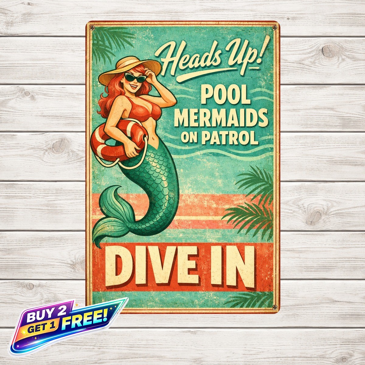Caution Chunky Mermaid Putuo Swimming Pool 8x12 Metal Tin Sign