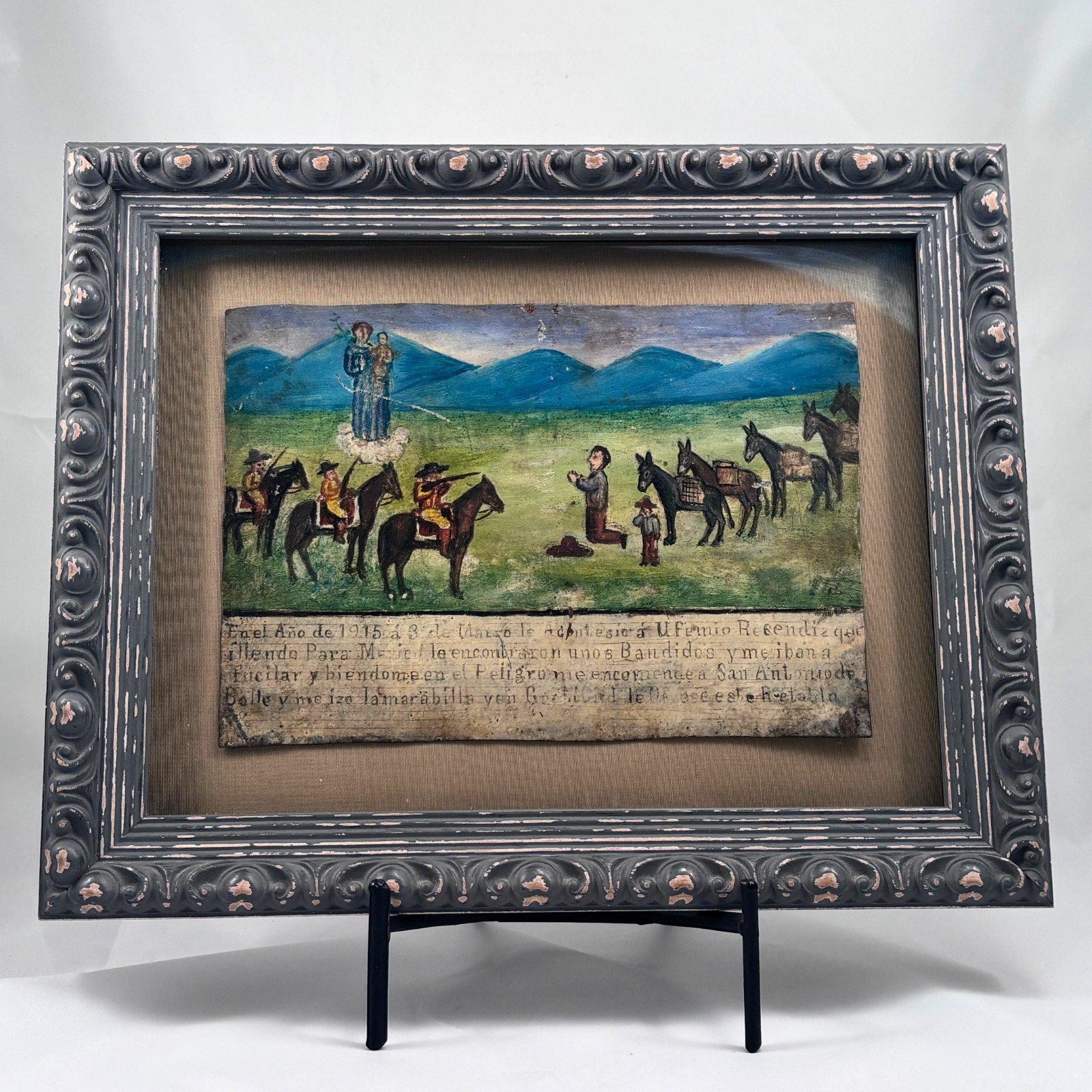 Antique 1915 Mexican Tin Ex Voto Retablo Bandits Saint Anthony Folk Art Framed