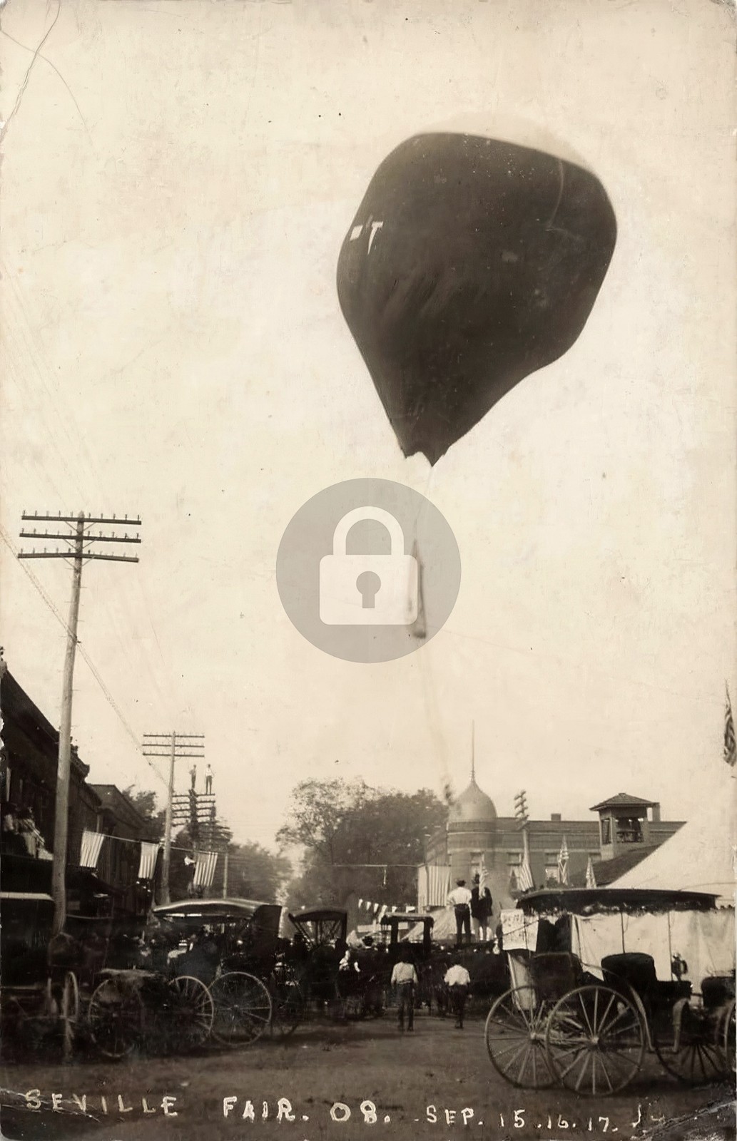 1908 Seville Ohio Fair Balloon Ascension Street Scene RPPC Photo Postcard COPY