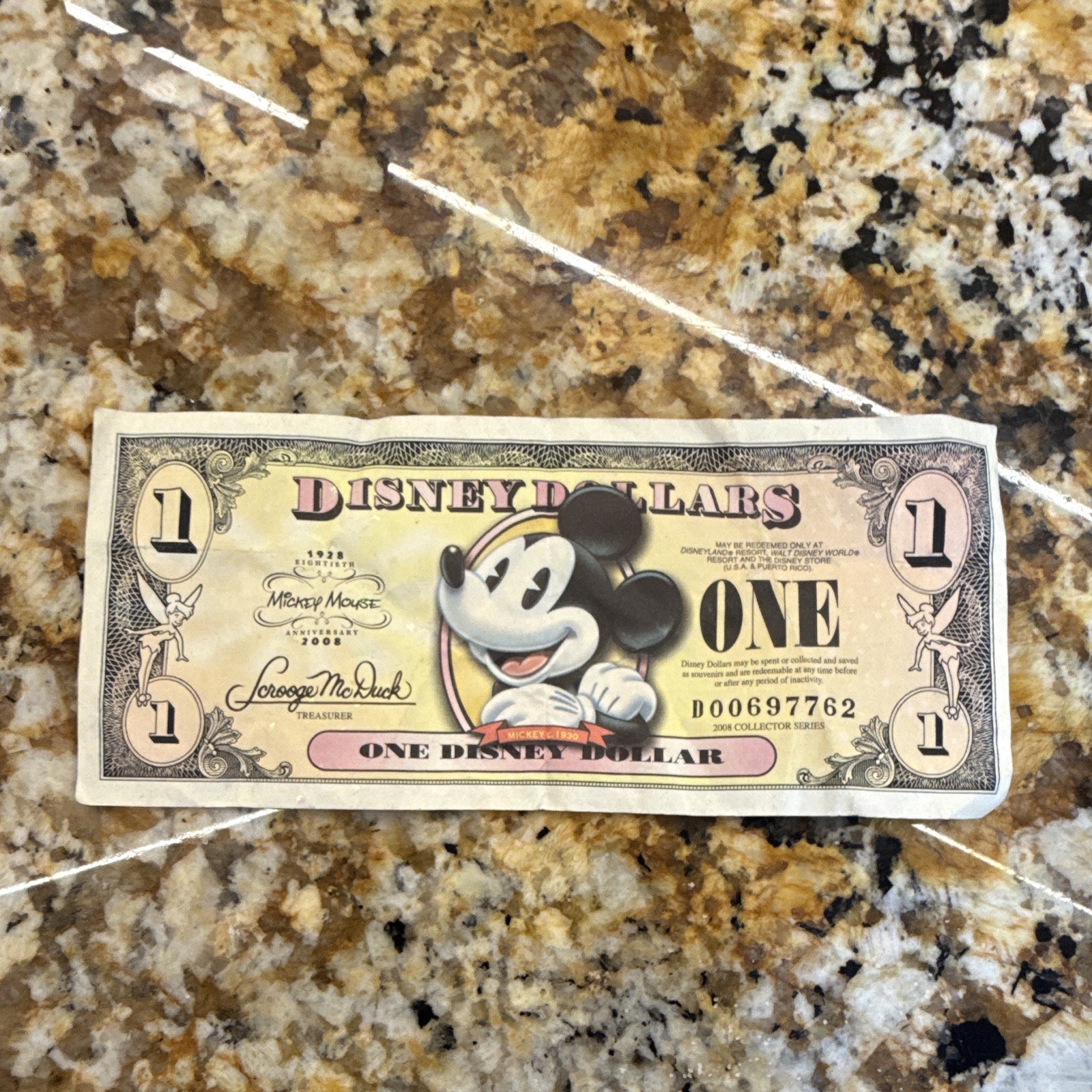 Disney $1 Disney Dollar Note Mickey Mouse 80th Anniversary 1928-2008 2008