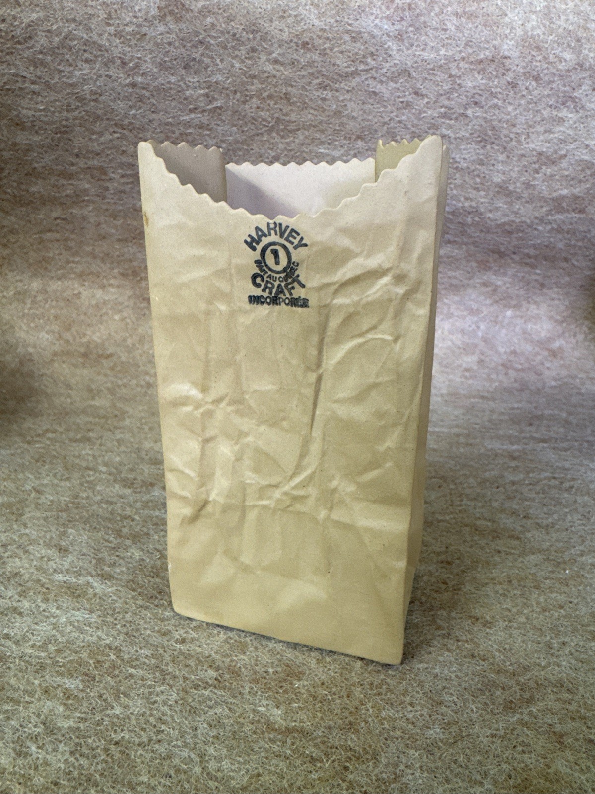 Vintage Michael Harvey Craft #1 5.5” Paper Bag Ceramic Vase Avant Garde Pop Art