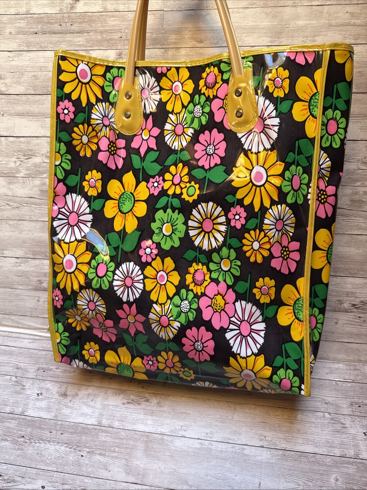 Vintage 1970\'s Floral Mod Plastic Vinyl Shopping Tote Bag Hippie Groovy Bag