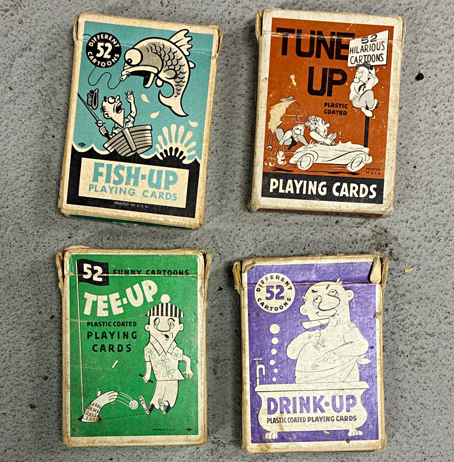 Hilarious Cartoons Vintage Pre-1970 Plastic Coated Cards Lot 4 Fish-Up Tune-Up