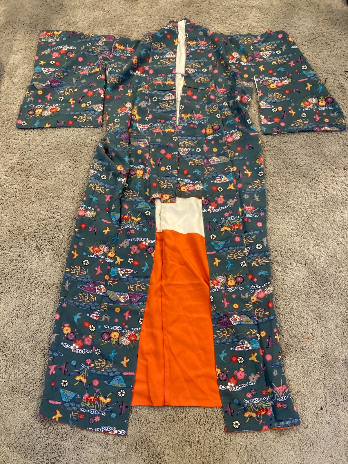 Vintage Japanese Kimono Robe Teal Floral Bird Orange Lining