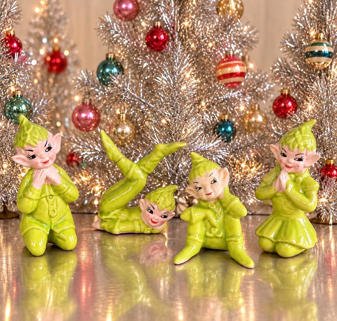Vintage 1950s Chartreuse Green Pixie Elf Figurines Gilner Pottery