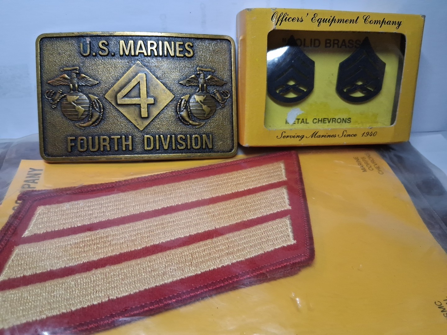 Vintage U.S. Marines Belt Buckle ,Chevron & Collar Pins Lot