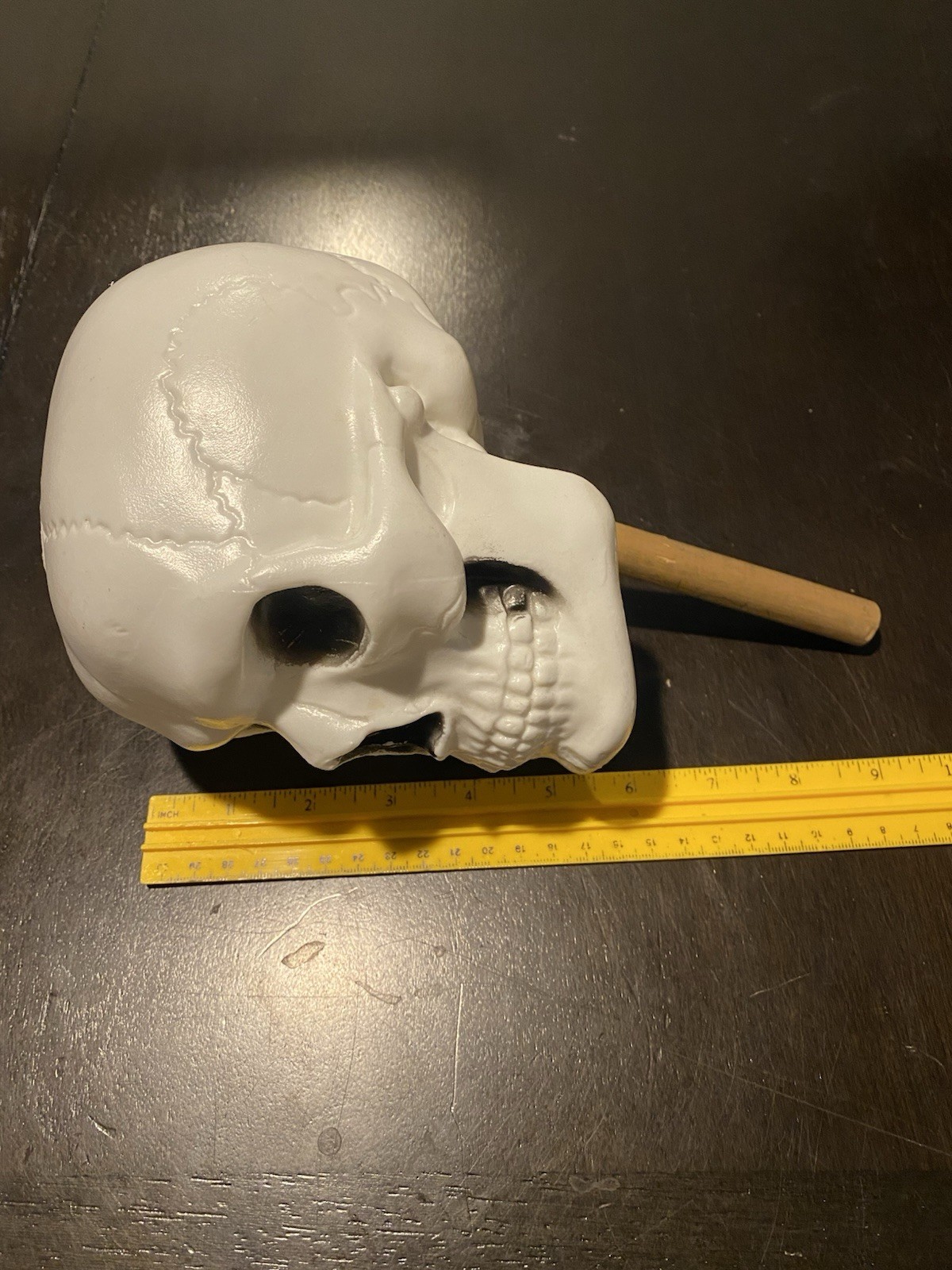 Vintage Halloween Skull Skeleton Shaker Rattle On Wood Stick Blow Mold