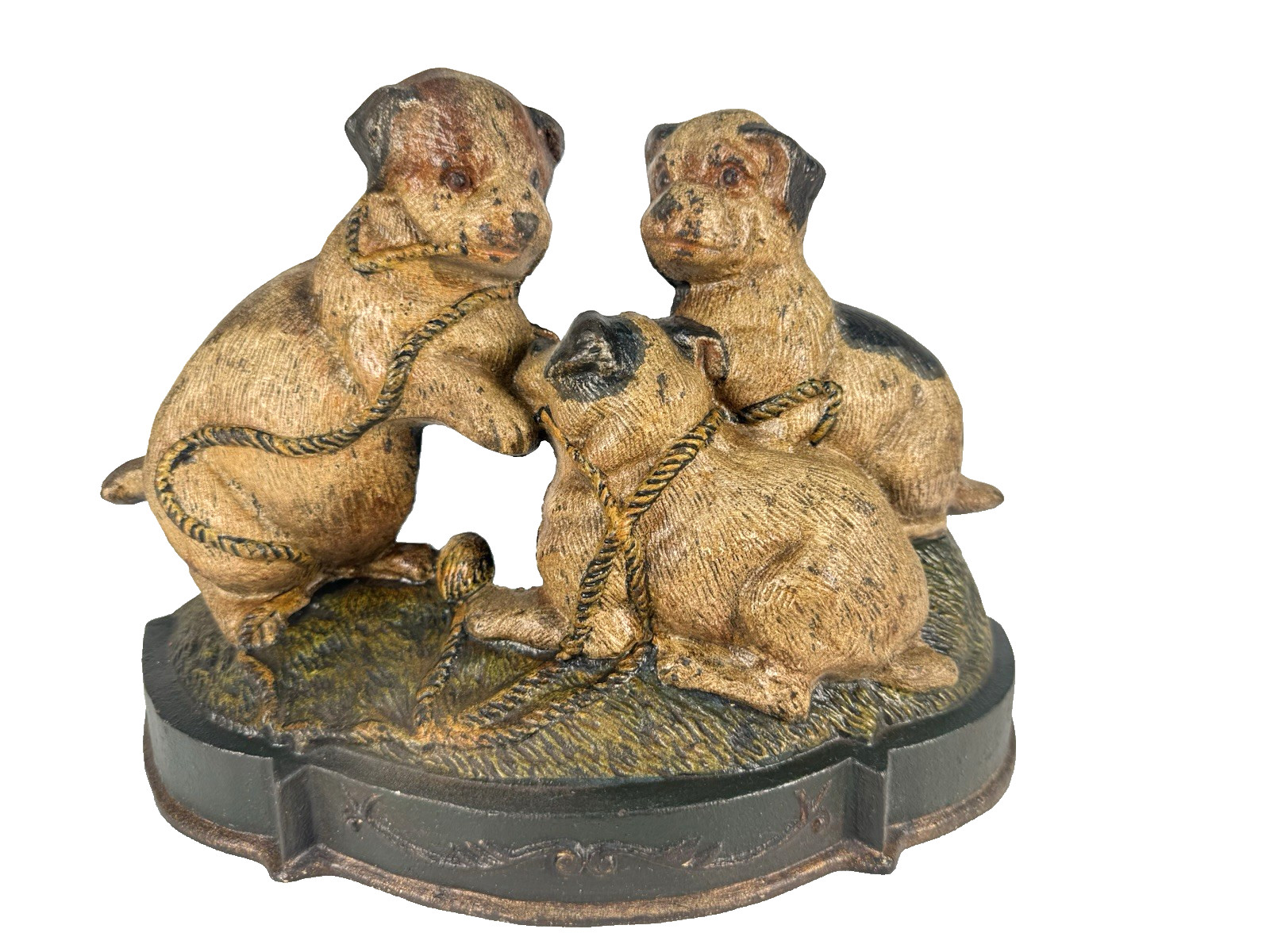 National Foundry Cast Iron Puppies Doorstop 33 1920s Dog Ribbon Base Antique