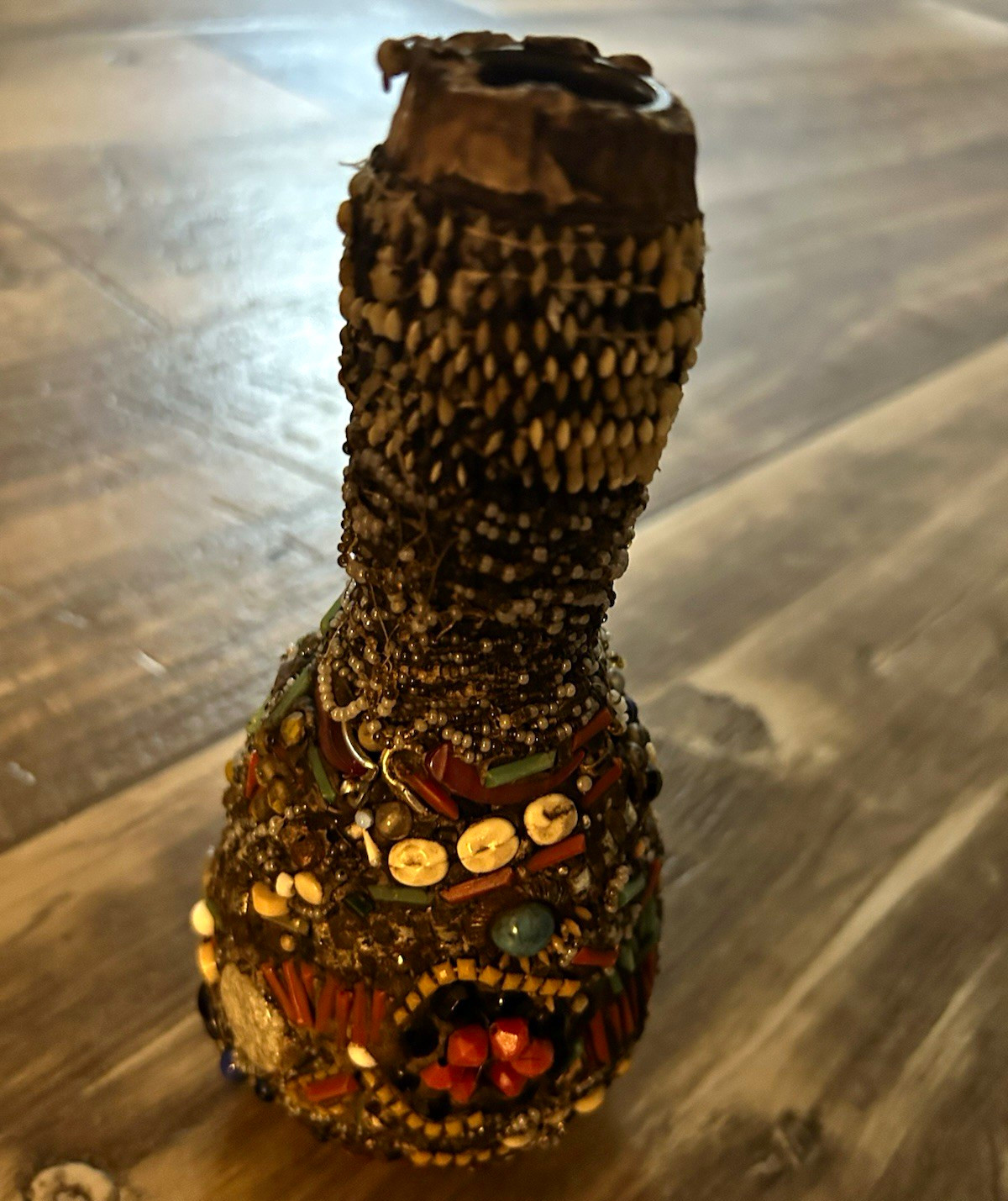 Vintage Folk Art Memory Bottle Beaded Jeweled Tramp Art Memory Ware Jug 8\