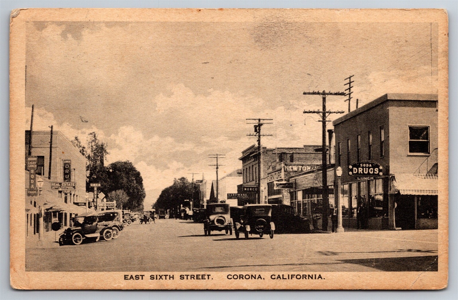 East Sixth Street Corona Cal Old Cars Drugs Newton Norco C1910\'s Postcard P6