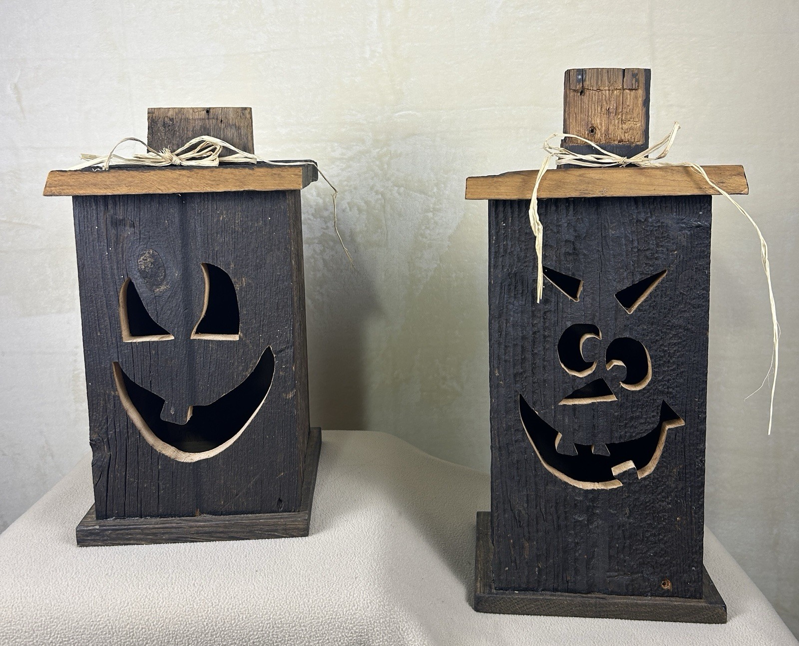 Primitive Reclaimed Wood Halloween Jack-O-Lantern Set of 2Rustic Wooden Lanterns