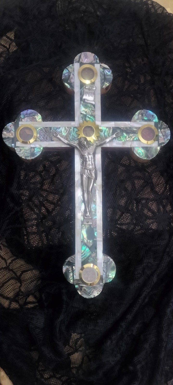 Handmade Olive Wood and Mother-of-Pearl / Abalone Crucifix carved in Bethlehem. 
