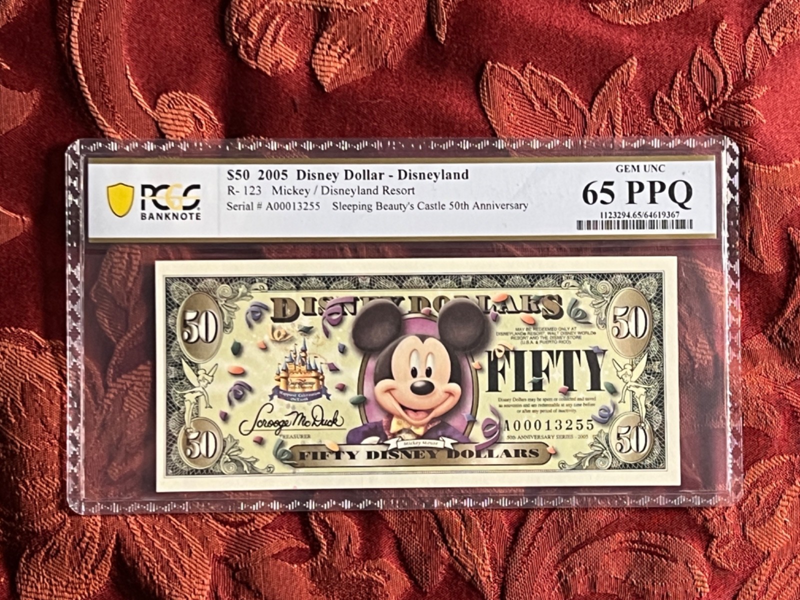 2005A $50 Mickey Mouse Disney Dollar 50th Anniversary PCGS Certified 65 PPQ