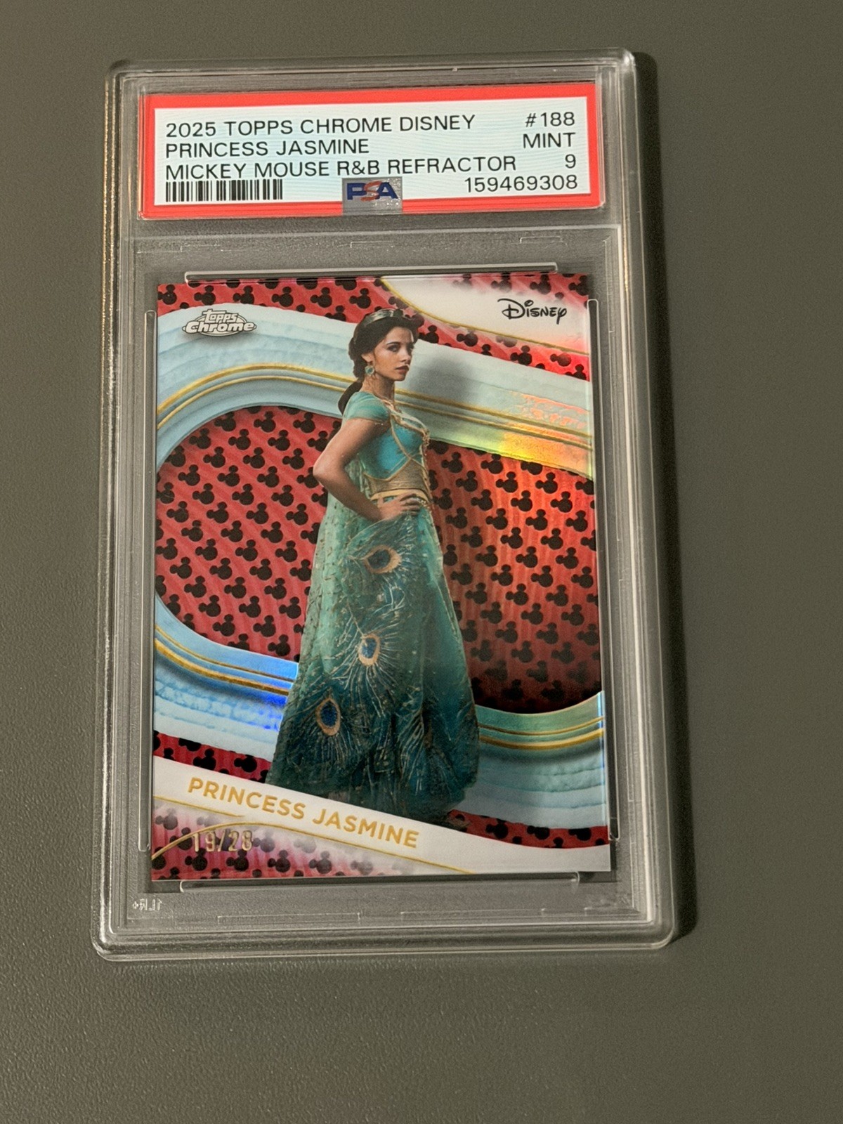 2025 Topps Chrome Disney Princess Jasmine Mickey Red & Black Refractor /28 PSA 9