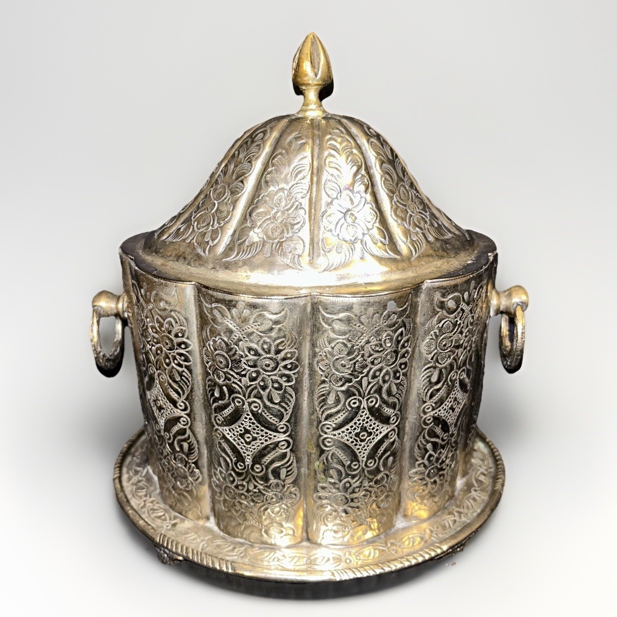 Signed 19th-C Moroccan Silver Plated Biscuit Tin Tea Caddy Hinged Lid 9.26”H