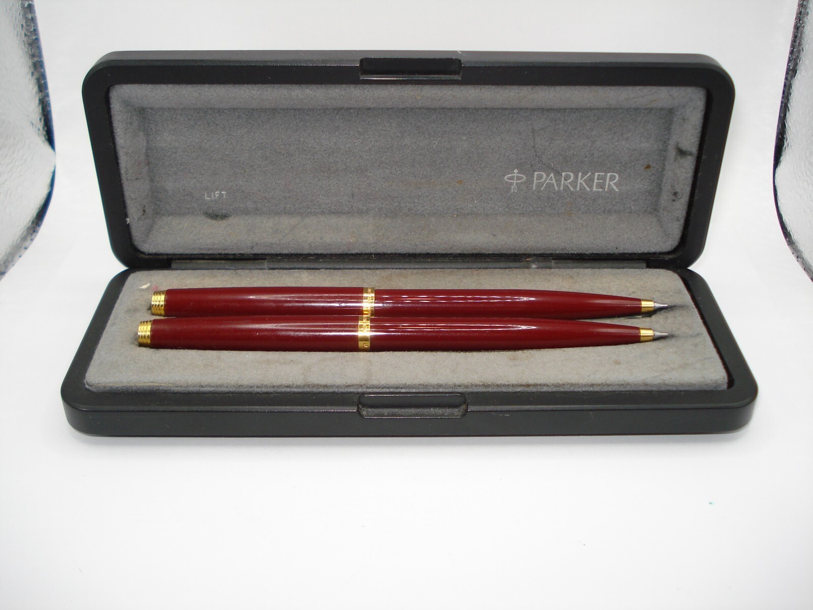 Two Vintage 1983 Parker 75 Lacquered Burgundy Mechanical Pencils in Case France