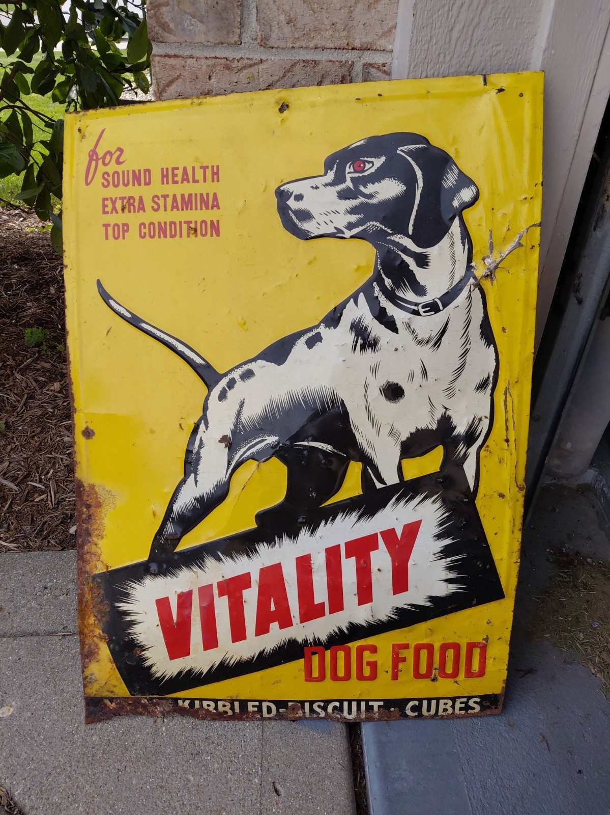 c.1950s Original Vintage Vitality Dog Food Sign Metal Embossed Kibble Purina 