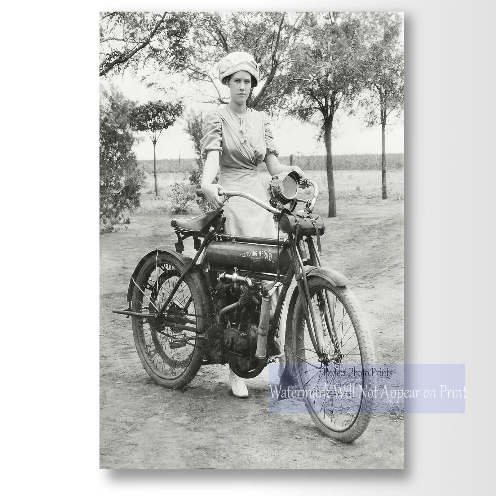 Early 1900s Women Standing With Merkel Motorcycle Giclee Fine Art Print
