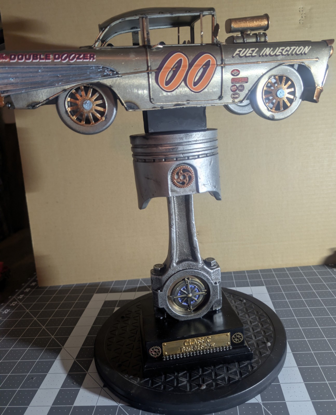 Car Show Trophy w/ Pistons & gears BEST IN SHOW homemade 1 of a kind 
