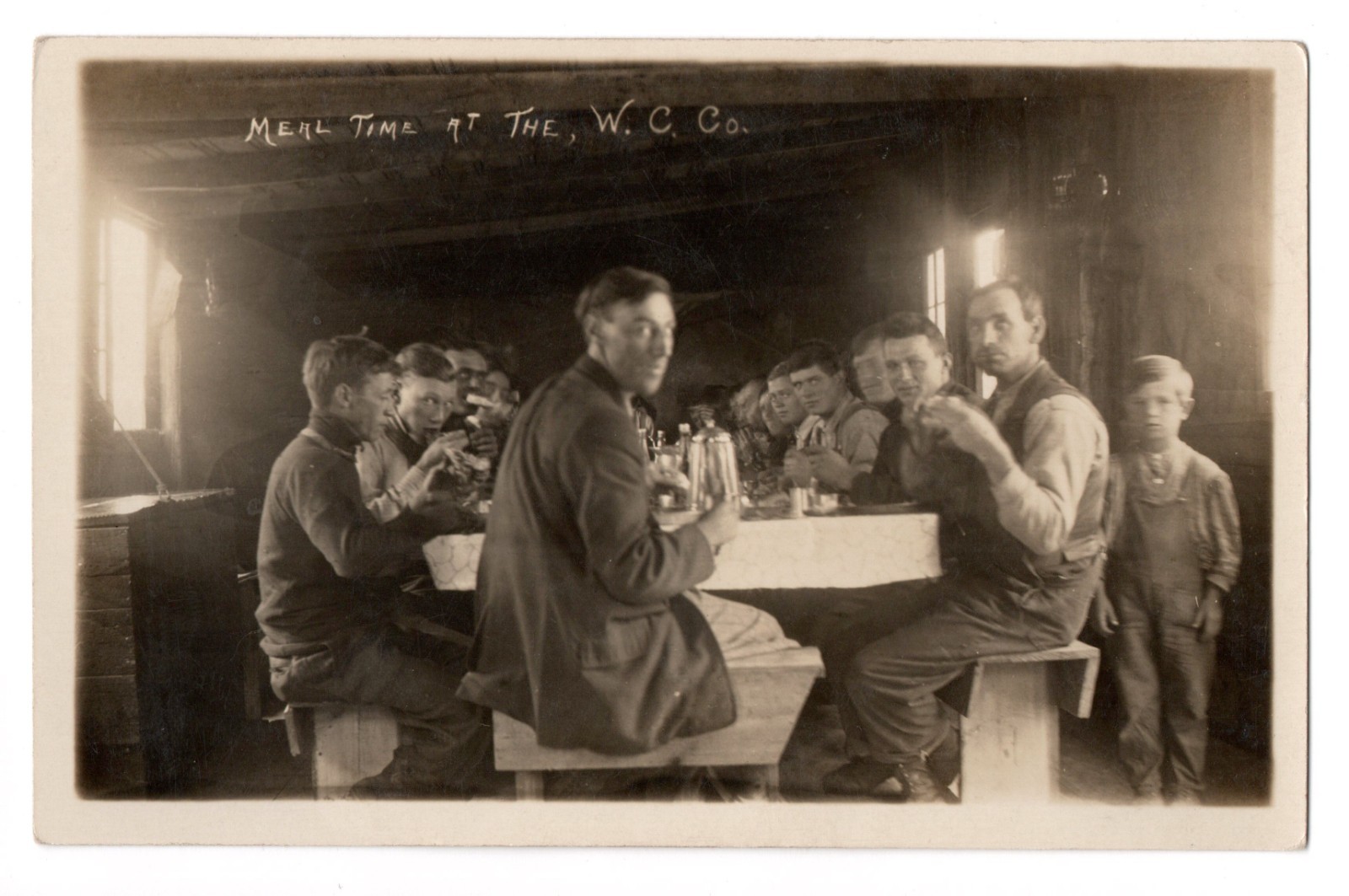 Vintage RPPC Meal Time At The W.C. Co Photo Postcard Interior Dining Men Eating