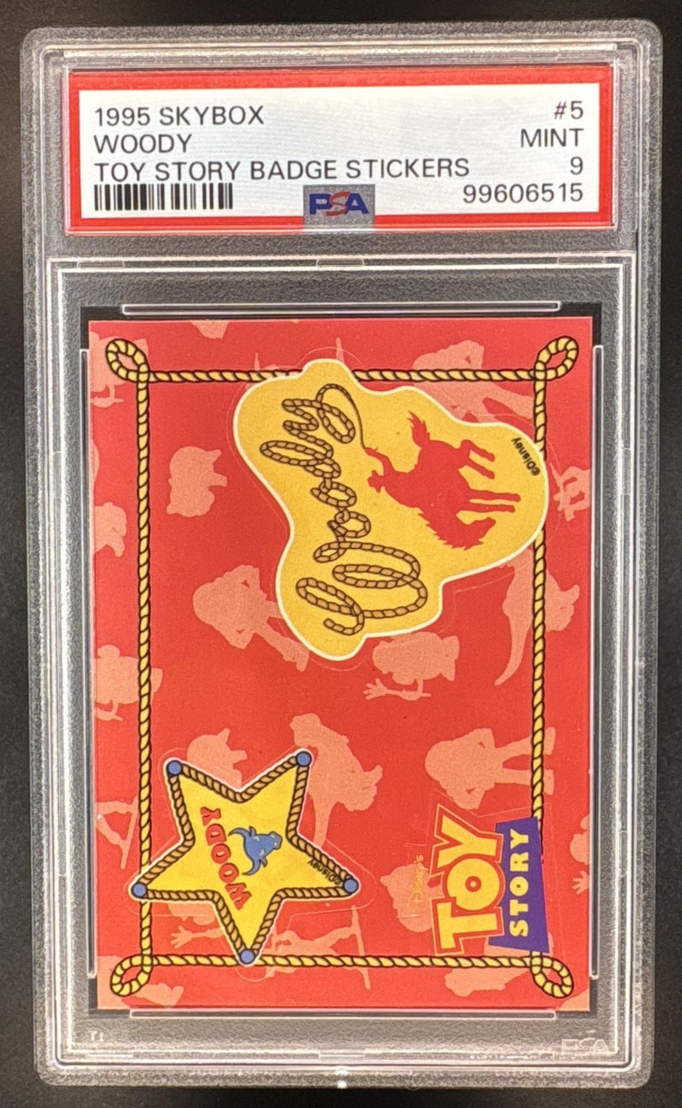 1995 Skybox Toy Story Woody #5 Badge Stickers PSA 9